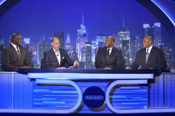 Shaquille O'Neal, Ernie Johnson, Kenny Smith, and Charles Barkley on stage at the Turner Upfront 2015 event in Madison Square Garden, New York City.