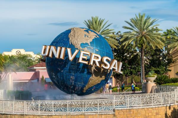 Universal Studios globe at the entrance of the theme park in Orlando, Florida, USA