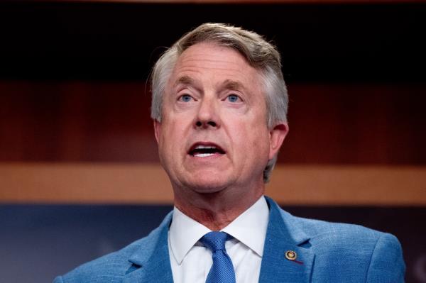 Senator Roger Marshall speaking at a news co<em></em>nference on Capitol Hill, calling for increased Secret Service resources for Former President Do<em></em>nald Trump