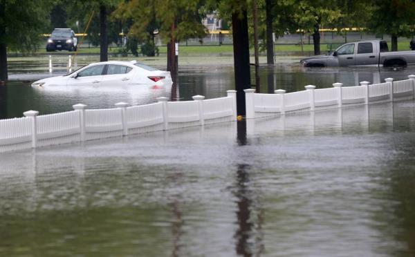 Cars stranded in flood waters at Rogers Park in Danbury on Aug. 18, 2024.