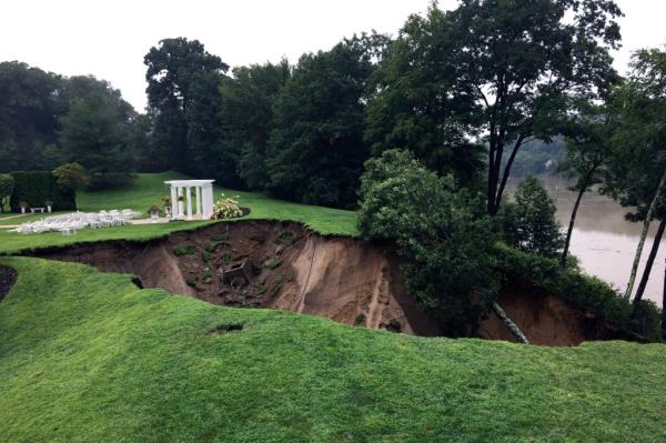 Storm damage on the grounds of The Waterview reception hall in Monroe, Conn.