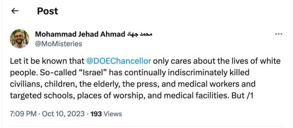 DOE teacher Mohammad Jehad Ahmad tweets bashing DOE Chancellor David Banks.