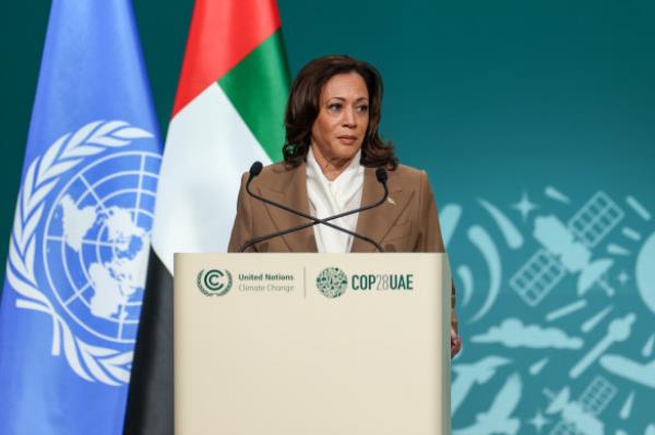 That was then. Vice President Kamala Harris addresses the UN’s COP28 co<em></em>nference in Dubai last November.