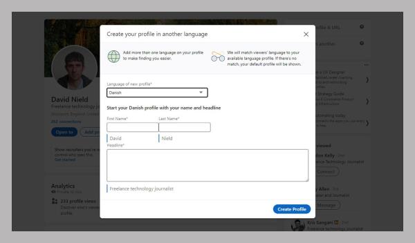 Screenshot of l<em></em>inkedIn's create your profile in another language feature