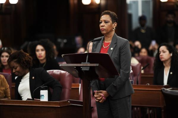 City Council Speaker Adrienne Adams speaking before the council voted to override Mayor Adams' veto of the 