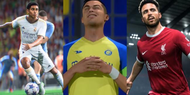 A split image of Jude Bellingham, Cristiano Ronaldo, and Diogo Jota playing and celebrating in EA Sports FC 24.