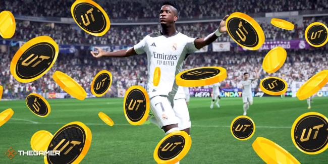 Vinicius Jr surrounded by Ultimate Team Coins raining from the sky in EA Sports FC 24.