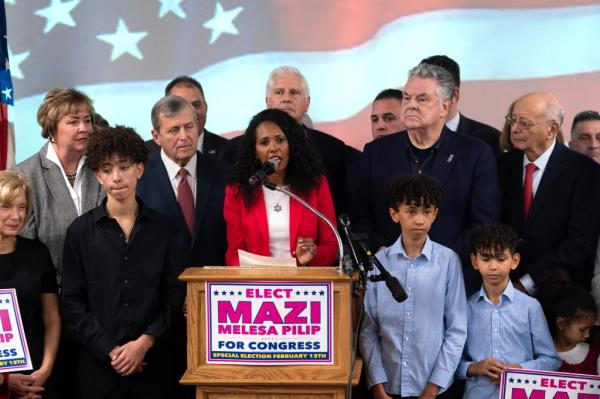 Nassau County legislator Mazi Melesa Pilip speaking at American Legion Post 1066 during a press co<em></em>nference announcing her candidacy.