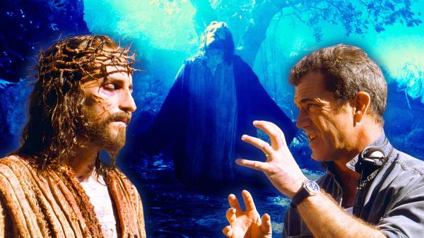 An edited image of Mel Gibson and Jim Caviezel in The Passion of the Christ