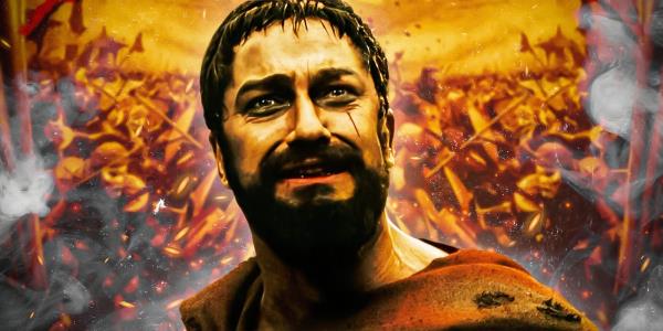 Leo<em></em>nidas (Gerard Butler) with a pained ex<em></em>pression in front of Persian warriors in 300