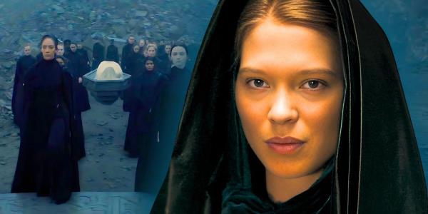 Lady Margot Fenring (Le?a Seydoux) looking serious in Dune 2 with imagery of a Bene Gesserit procession behind her from Dune - Prophecy