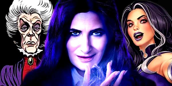 Kathryn Hahn's Agatha Harkness using her purple magic in the MCU's Agatha All Along and the witch's two forms in Marvel Comics