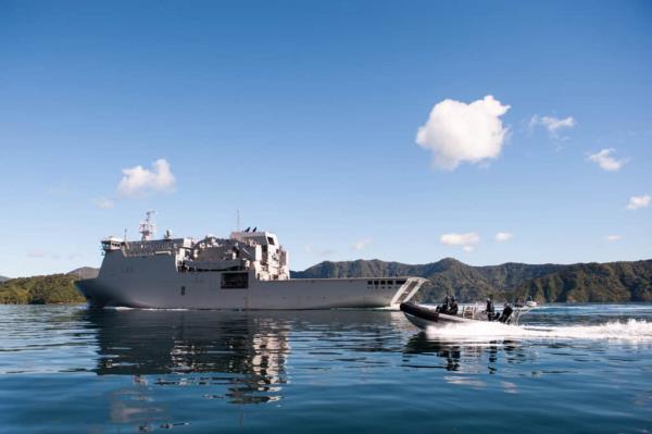 HMNZS Canterbury transits through Marlborough Sounds as a RHIB moves behind as part of Exercise Southern Katipo. (Crown Copyright)