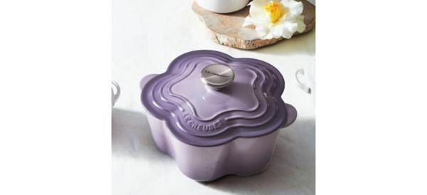 Purple Le Creuset Flower Cocotte on table