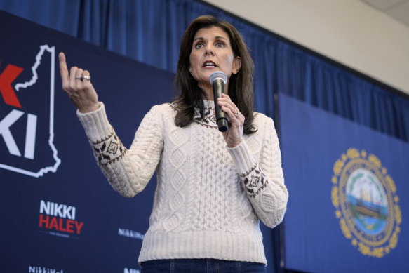 Republican presidential candidate Nikki Haley speaks during a campaign event in Derry, New Hampshire. 